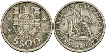Португалия 5 эскудо 1966 парусник KM 591 медно-никель 4364-1356