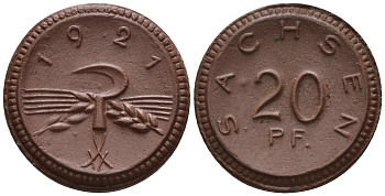 Саксония 20 пфеннигов 1921 колосья и серп J. N 53 фарфор UNC 1094-9-23