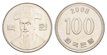 Южная Корея 100 вон 2008 Ли-Сунсин, корейский флотоводец KM 35 медно-никель UNC 4648-1154