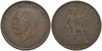Великобритания 1 пенни 1932 Георг V (1910-1936) КМ 838, Spink 4055 бронза 4607-1224