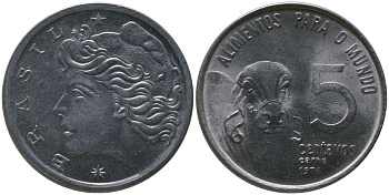 Бразилия 5 сентаво 1976 ФАО KM 587.1, Schon 93 нержавеющая сталь 4577-1122