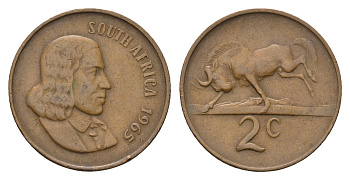 ЮАР 2 цента 1965 Ян ван Рибек (1619-1677), South Africa, легенда на английском, антилопа KM 66.1 бронза 4700-1232