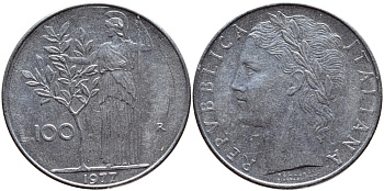 ИТАЛИЯ 100 ЛИР 1977 R , АФИНА KM 96.1 нержавеющая сталь 4394-623