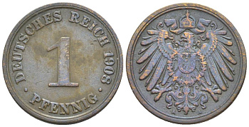 ГЕРМАНИЯ 1 ПФЕННИГ 1908 A KM 10, Jager. 10, Weege 2 медь 4528-1247