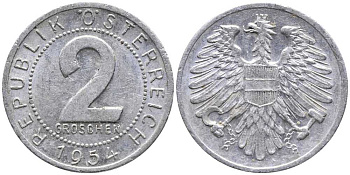 АВСТРИЯ 2 ГРОША 1954 KM 2876 алюминий 112-665