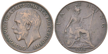 Великобритания 1 фартинг 1918 Георг V (1910-1936) KM 808.1, Spink 4059 бронза 4613-453