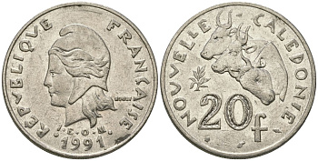 Французская Новая Каледония 20 франков 1991 три быка, (IEOM) KM 12, Schoen 14, Lec 114 никель 81-141