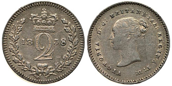 Великобритания 2 пенса 1838 Виктория (1837-1901), для обращения в Британской Гвиане и некоторых частях Британской Вест-Индии KM 729, Spink 3914E серебро  1518-113
