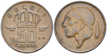 БЕЛЬГИЯ 50 САНТИМОВ 1964 BELGIE, БОДУЭН I (1951-1993) KM 149.1 бронза 214-167