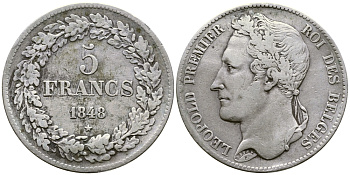 Бельгия 5 франков 1848 Леопольд I (1831-1865), в венке KM 3.2 серебро 74-832