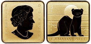Канада 3 доллара 2011 мангуст, позолота KM NEW серебро PROOF 4-3-4-19