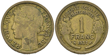 Франция 1 франк 1937 KM 885, Le Franc 219/8 медь алюминий 4584-1132