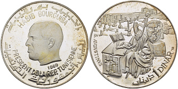 Тунис 1 динар 1969 Хабиб Бургиба, святой Августин KM 296 серебро PROOF 00-00-00