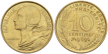Франция 10 сантимов 1969 ТИП MARIANNE KM 929, le Frank 144.9 медь алюминий никель 105-442