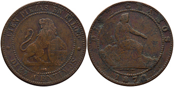 Испания 10 сентимо 1870 ОМ, лев со щитом KM 663 (Y54) медь 97-1246