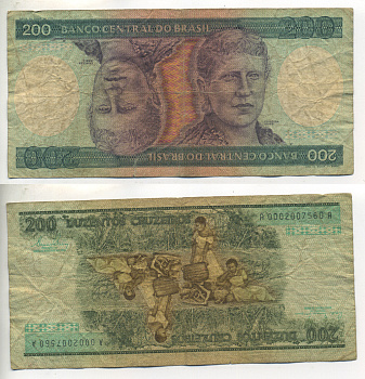 БРАЗИЛИЯ 200 КРУЗЕЙРО 1981 ПОДПИСЬ 20, СЕРИЯ А 0002, ПРИНЦЕССА ИЗАБЕЛА Pick 199a бумага 6266-40-2-2
