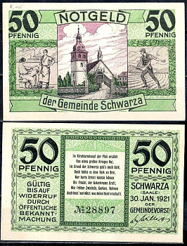 Шварца-ан-дер-Заале (Тюрингия) 50 пфеннигов 1921 Mehl Grabowski 1207-2/3 бумага UNC (пресс) 7556-60-2-1