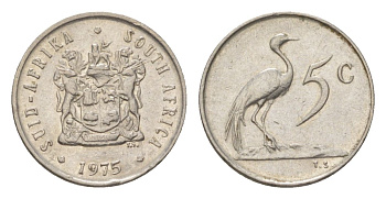 ЮАР 5 центов 1975 герб, райский журавль KM 84 никель 4627-212