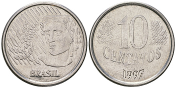 Бразилия 10 сентаво 1997 голова свободы KM 633 нержавеющая сталь 4641-336