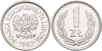 ПОЛЬША 1 ЗЛОТЫЙ 1983 MW, НАБОРНАЯ KM 49.1, Parchimowicz 213v алюминий 216-837