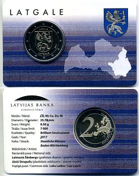 Латвия 2 евро 2017 исторические области Латвии - Латгалия, запайка, буклет KM 191 биметалл BUNC 00-000-00
