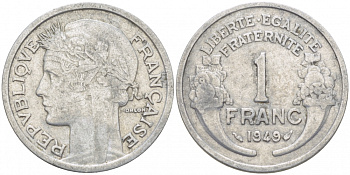 ФРАНЦИЯ 1 ФРАНК 1949 ТИП MORLON, LEGERE KM 885a 1, LE FRANC 221.15 алюминий 4402-1031