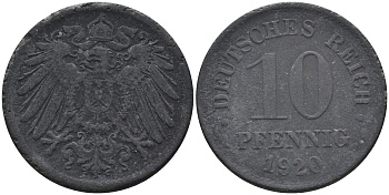 Германия 10 пфеннигов 1920  KM 26, J. 299 цинк 4116-547