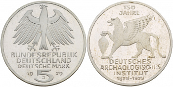 ФРГ 5 марок 1979 J, 150 лет со дня основания археологического института KM 150, J.425 серебро PROOF 00-00