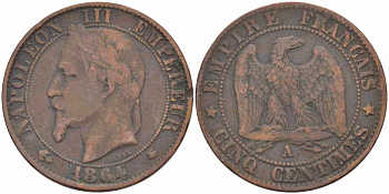 ФРАНЦИЯ 5 САНТИМОВ 1864 A, НАПОЛЕОН III (1852-1870) KM 777.1, LE FRANC 116.8 бронза 108-255