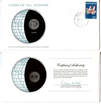 Суринам 25 центов 1976 конверт с маркой первого дня гашения, Coins of Nations KM 14 медно-никель UNC 4294-27-2