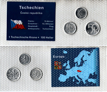 Чехия набор из 3 монет (10, 20 и 50 геллеров) 1994, 2002 и 2003 в красочной упаковке с информацией о стране KM 2.1, 3.1 и 6 алюминий UNC 2-6-3-122