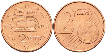 ГРЕЦИЯ 2 ЕВРОЦЕНТА 2004 KM 182 сталь плакированная медью UNC 214-351