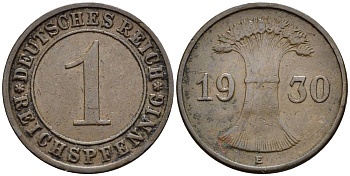 ГЕРМАНИЯ 1 РЕЙХСПФЕННИГ 1930 E KM 37, J. 313, Weege 2 бронза 4547-151