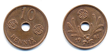 ФИНЛЯНДИЯ 10 ПЕННИ 1941 KM 33.1 медь 51-4925
