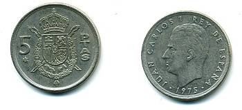 Испания 5 песет 1975 (78) Хуан Карлос I (1975-2014) KM 807 медно-никель 25-2034