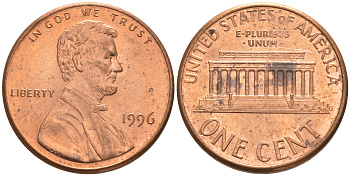США 1 ЦЕНТ 1996 ЛИНКОЛЬН KM 201b цинк плакированный медью UNC 187-644