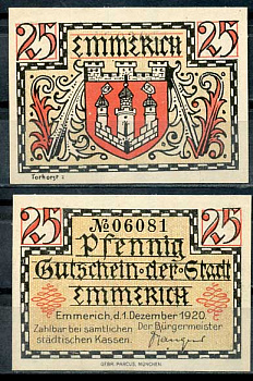 Германия, Эммерих 25 пфеннигов 1920 нотгельд, желтая, 1.12.1920 Tieste 1710/20 бумага UNC (пресс) 8614-41-1-2