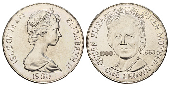 Остров Мэн 1 крона 1980 80 лет королеве Елизавете, королеве-матери КМ 68 медно-никель UNC 4386-214