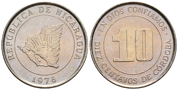 Никарагуа 10 сентаво 1978 карта страны KM 31 медно-никель  UNC  220-1227