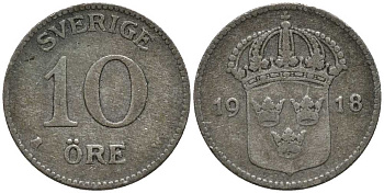 Швеция 10 эре 1918 W, Густав V (1907-1950) КМ 780 серебро 201-1113