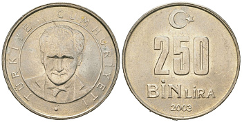 Турция 250000 лир 2003 Мустафа Кемаль Ататюрк KM 1137 медь цинк никель UNC 4619-811