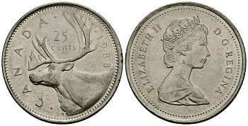 Канада 25 центов 1988 Елизавета II (1953-), олень KM 74 медно-никель 4167-931