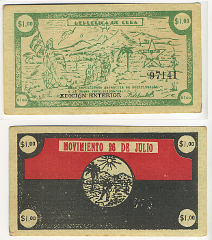 Куба, революционный выпуск 1 песо 1958 нотгельд, движение 28 июля, Кубинская Революция, EDICION EXTERIOR бумага аUNC 00-00-00