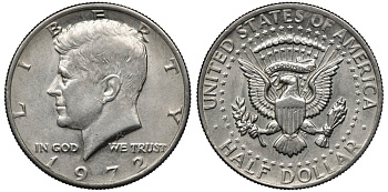 США 1/2 доллара (50 центов) 1972 Джон Кеннеди KM 202b медь плакированная медно-никелем 88-1215