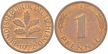 ФРГ 1 ПФЕННИГ 1972 D KM 105, J.380 сталь плакированная медью 4532-469