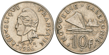 Французская Новая Каледония 10 франков 1986 рыбачья парусная лодка, (IEOM) KM 11, Schoen 13, Lec 95 никель 54-2145