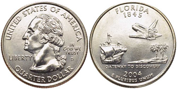 США 25 центов = квотер 2004 D, серия штаты США, Флорида KM 356 медь плакированная медно-никелем UNC M50-04
