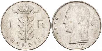 БЕЛЬГИЯ 1 ФРАНК 1970 BELGIE KM 143.1 медно-никель 68-235
