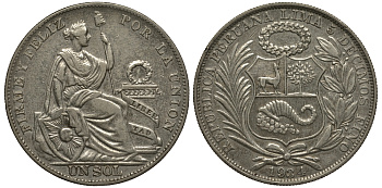 Перу 1 соль 1934 KM 218.2 серебро 272-945