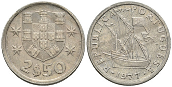 Португалия 2,5 эскудо 1977 парусник KM 590 медно-никель 4147-633